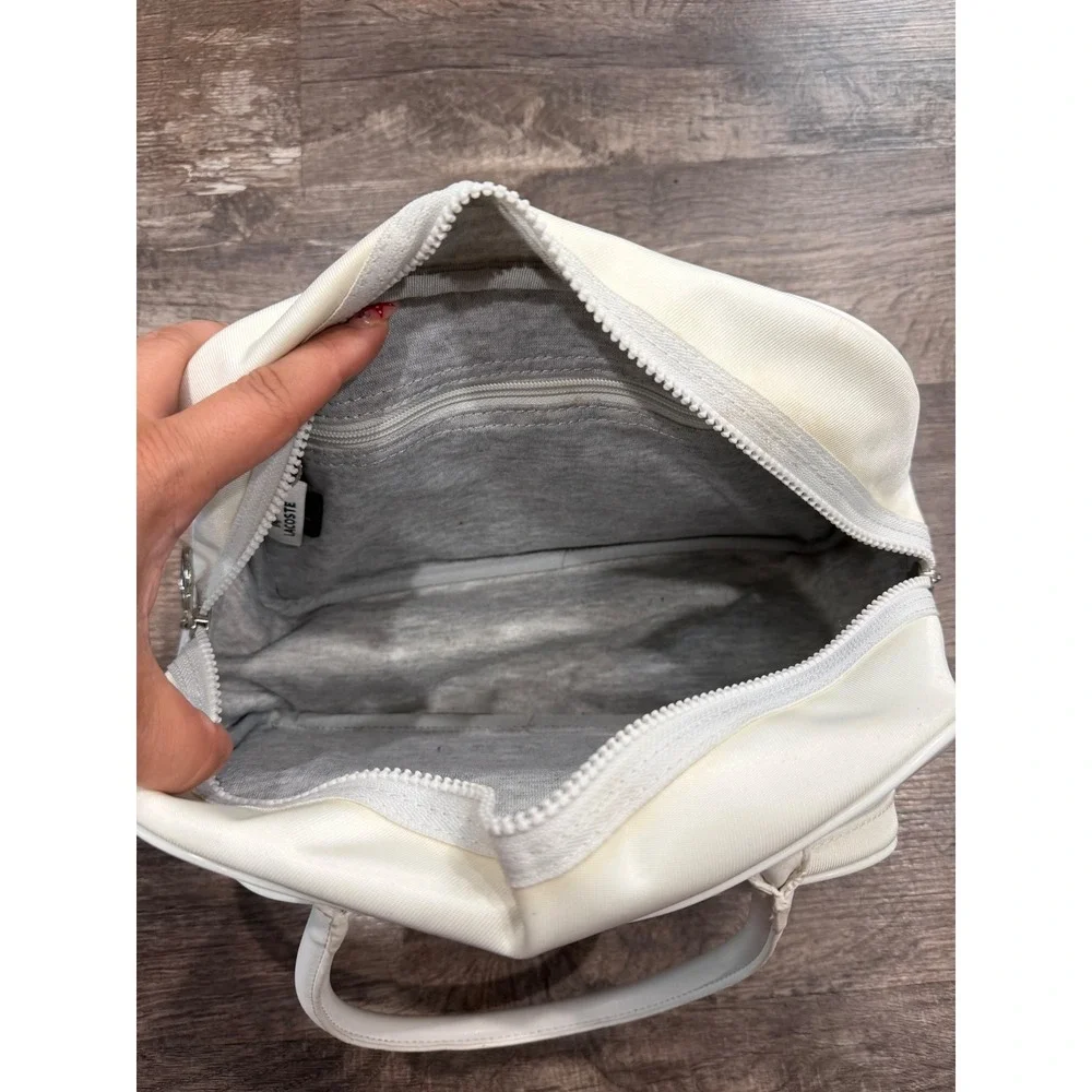 Lacoste White Canvas Vintage Bowling Bag Striped Sporty Satchel Top Handle Purse